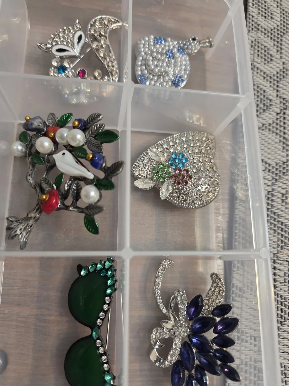 35 Assorted Floral and Gemstone Enamel Brooch — Black, Blue, Green Accents